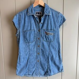 Harley-Davidson Classic Biker Blues Denim Women Button Up Cap Sleeve Top Medium